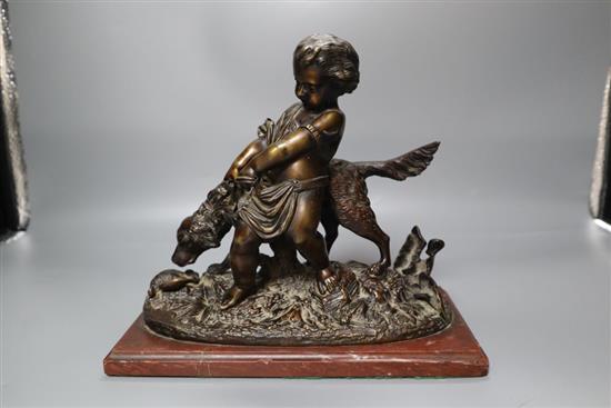 Auguste Joseph Peiffer (French, 1832-1886). A bronze group of a putto with a setter, width 9.75in. depth 4.75in. height 8.25in.